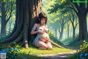 A pregnant woman sitting under a tree in a field of flowers.