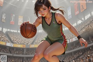 A woman sitting on a basketball court holding a basketball.