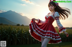 A woman in a red and white dress standing on a log.