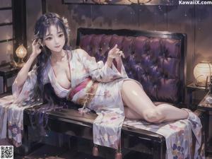 A girl in a kimono sitting on the ground.