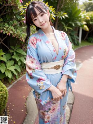 A woman in a blue kimono standing on a wooden deck.