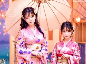 A woman in a purple and white kimono posing for a picture.