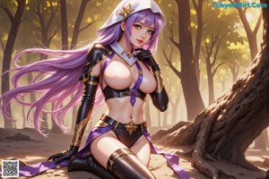 A woman with purple hair wearing a purple bikini.