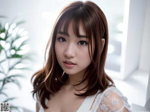 A woman in a white top and panties posing for a picture.