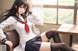 A woman in a school uniform posing by a pool.