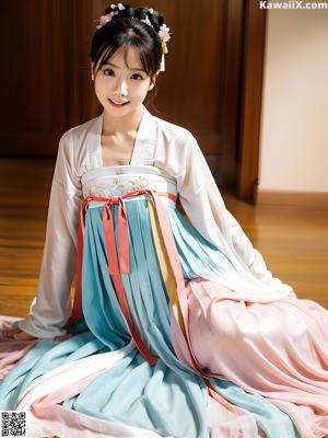A woman in a pink and blue hanbok is posing for a picture.
