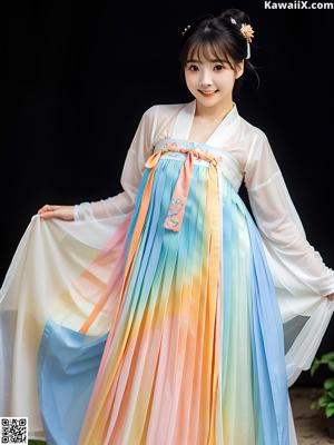 A woman in a colorful dress sitting on a bed.