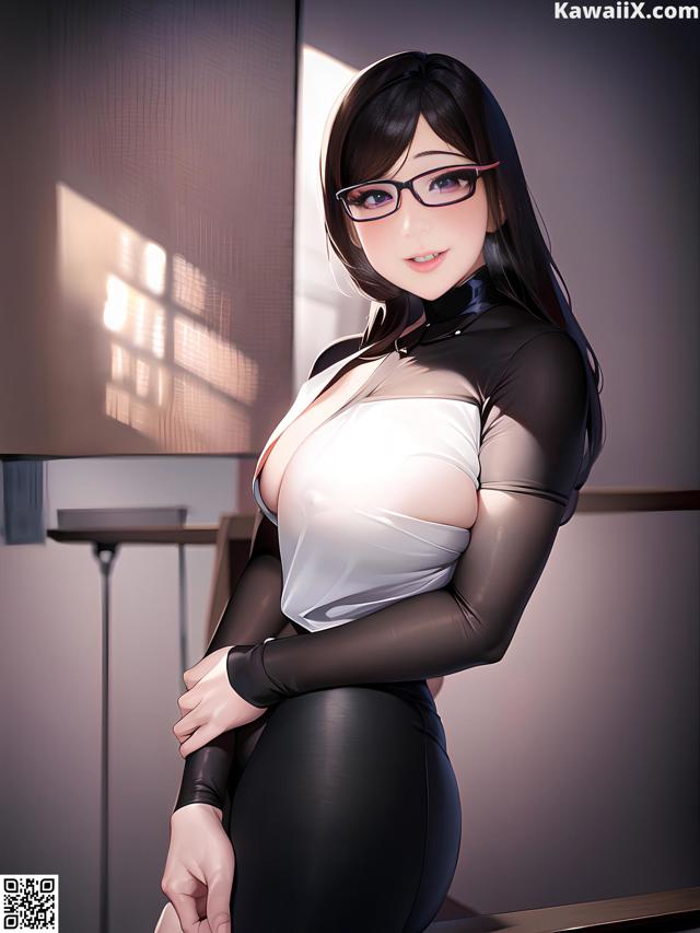 A woman in a black and white outfit posing for a picture.