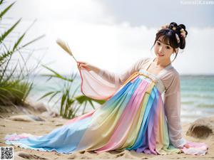 A woman in a white kimono sitting on a rock.