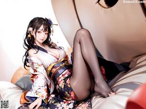 A woman in a kimono sitting on a wooden bench.