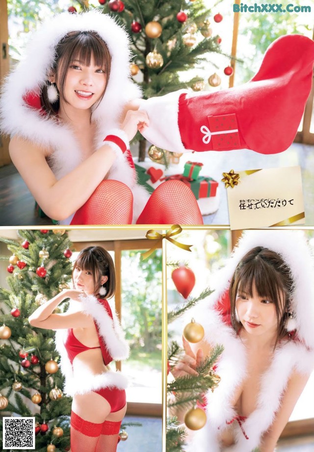 A woman in a red and white outfit is posing in front of a Christmas tree.