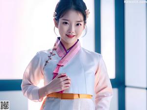 A woman in a white and blue hanbok posing for a picture.