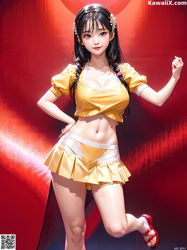 A woman in a yellow top and skirt posing for a picture.