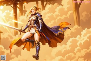 An illustration of a woman with long blonde hair holding a sword.