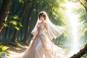 A woman in a wedding dress standing in the woods.