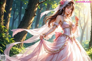 A woman in a wedding dress is walking through the woods.