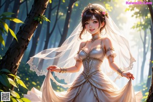 A woman in a wedding dress is walking through the woods.