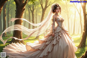 A woman in a long dress walking through a forest.