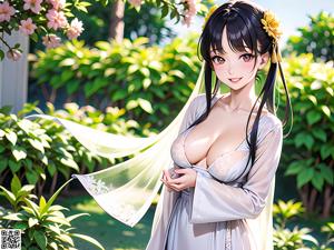 A woman in a white kimono holding a flower.