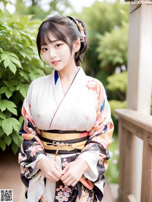 A woman in a kimono sitting on the floor.