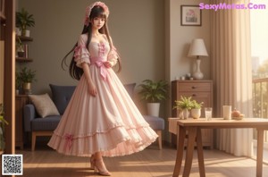 a woman sitting on top of a couch wearing a pink dress