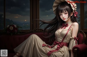 A woman in a maid outfit sitting on a red chair.