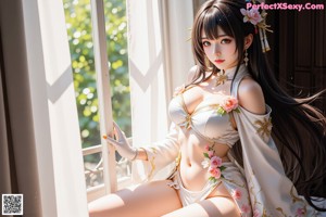 A woman in a blue and gold outfit sitting on a tree branch.