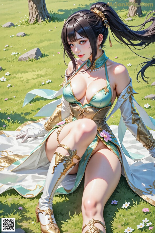 Hentai - The Frozen Elegance That Melts Starlight Set.2 20250106 Part 16 No.bc2e92 A woman in a green and gold outfit sitting in the grass.