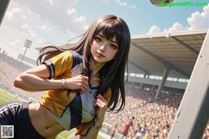 A woman standing next to a soccer ball on a field.