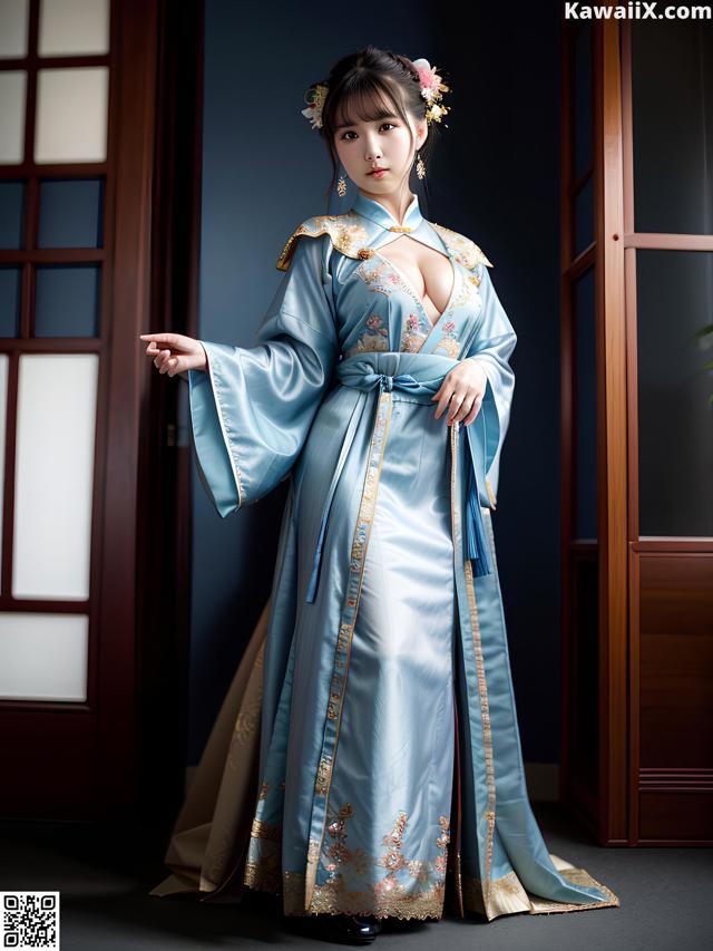 A woman in a blue and gold chinese dress posing for a picture.