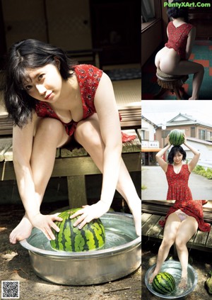 A woman in a red bathing suit sitting on a bench next to a watermelon.