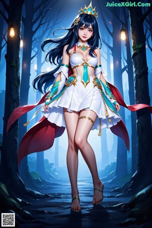 A woman in a white and blue outfit with a red cape.