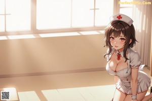 A woman in a nurse outfit sitting on a chair.