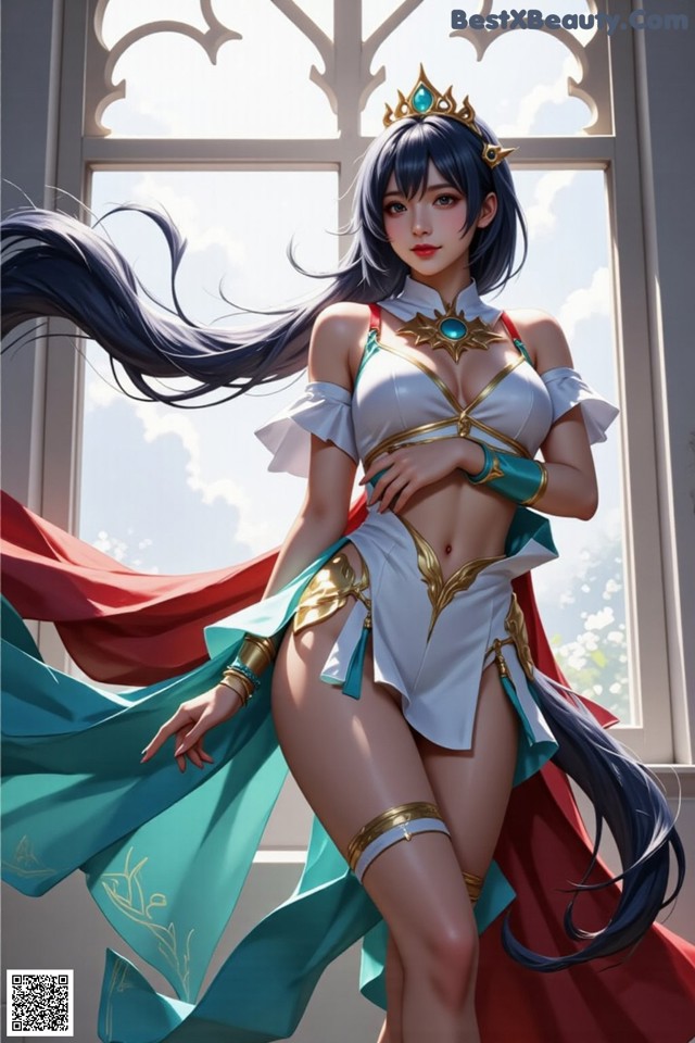 Hentai - Under the Radiance of Celestial Grace Set.1 20250106 Part 13 No.ff0b27 A woman in a white and blue outfit with a crown on her head.