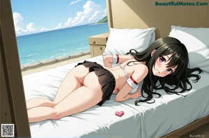 A woman in a black bikini sitting on a wooden bench.