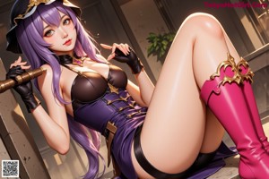 A woman with long purple hair wearing a purple outfit.