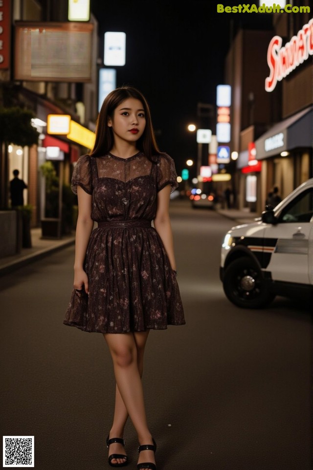 A woman standing in the middle of a city street at night.