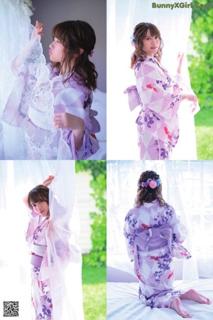 A young girl in a kimono sitting on a bed.